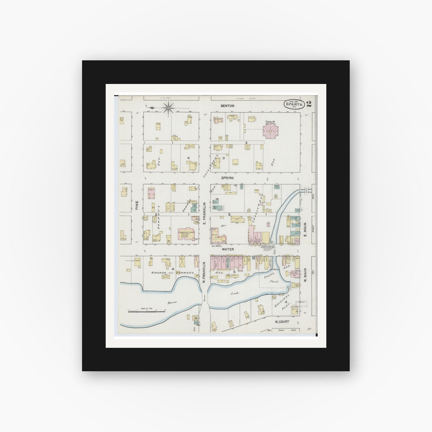 Old map wall art mockup — black gallery frame with white mat — Sanborn Fire Insurance Map from Sparta, Monroe County, Wisconsin (1889), Sheet #0002