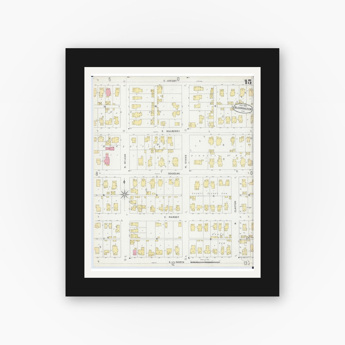 Old map wall art mockup — black gallery frame with white mat — Sanborn Fire Insurance Map from Bloomington, McLean County, Illinois (1896), Sheet #0015