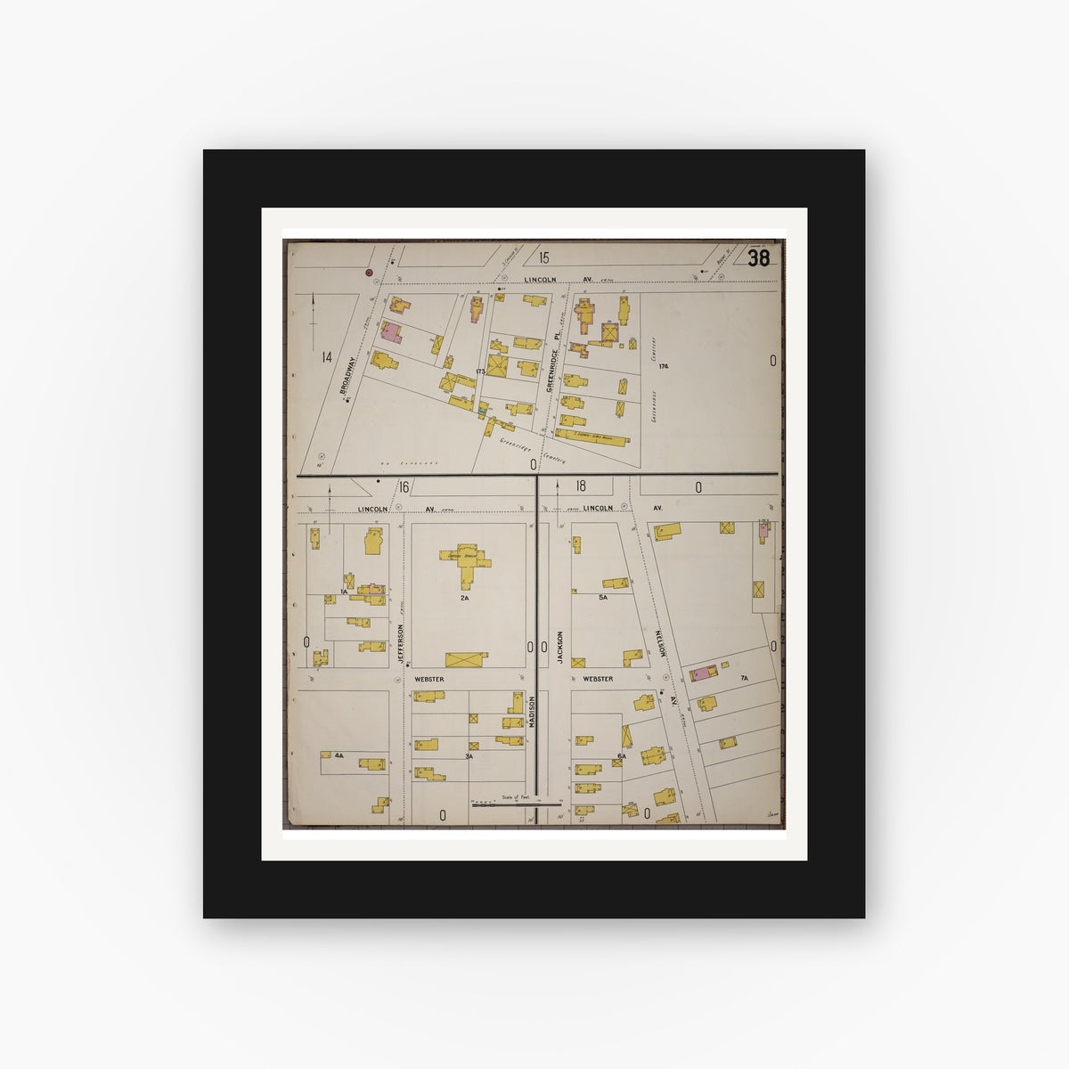 Old map wall art mockup — black gallery frame with white mat — Sanborn Fire Insurance Map from Saratoga, Saratoga County, New York (1900), Sheet #0038