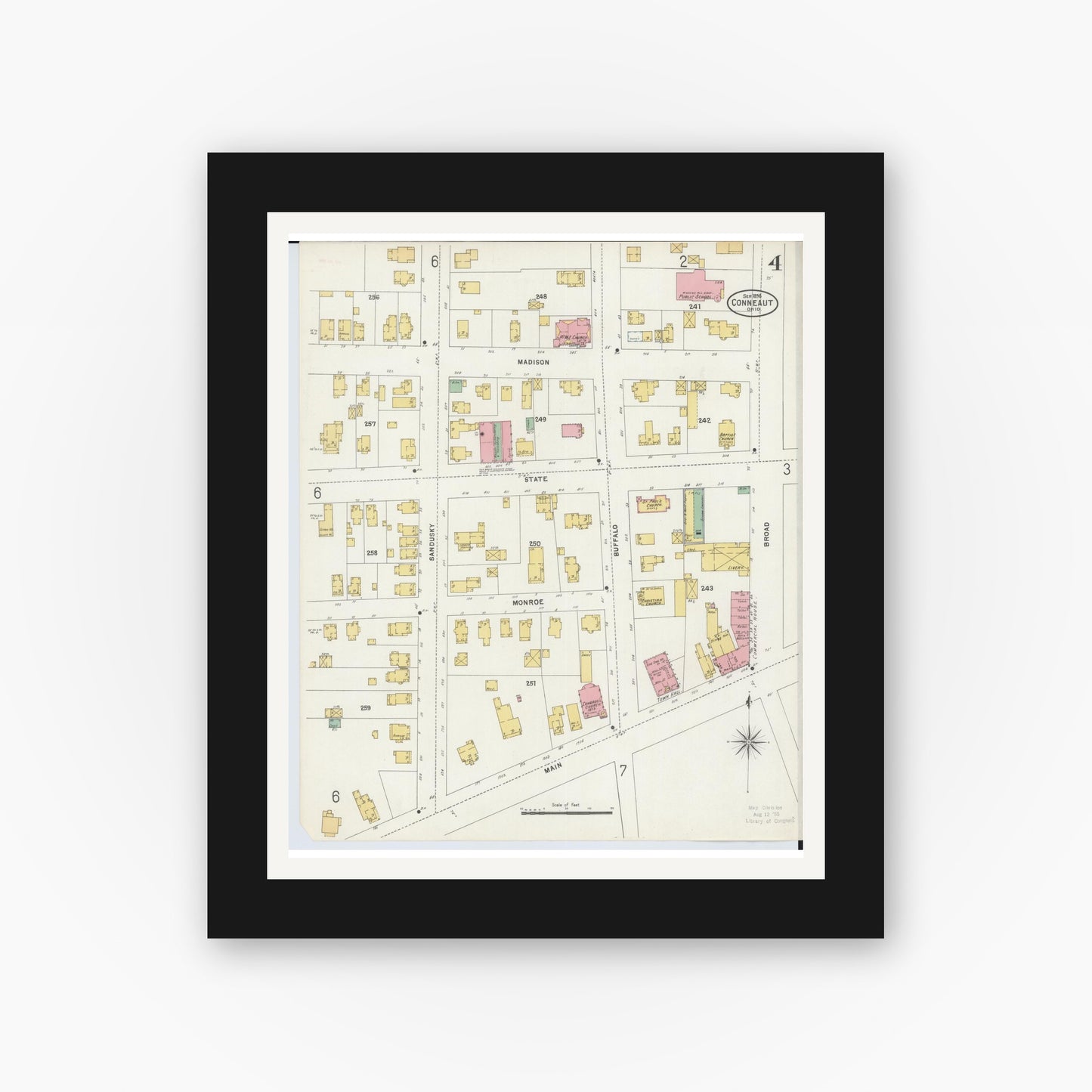 Old map wall art mockup — black gallery frame with white mat — Sanborn Fire Insurance Map from Conneaut, Ashtabula County, Ohio (1898), Sheet #0004
