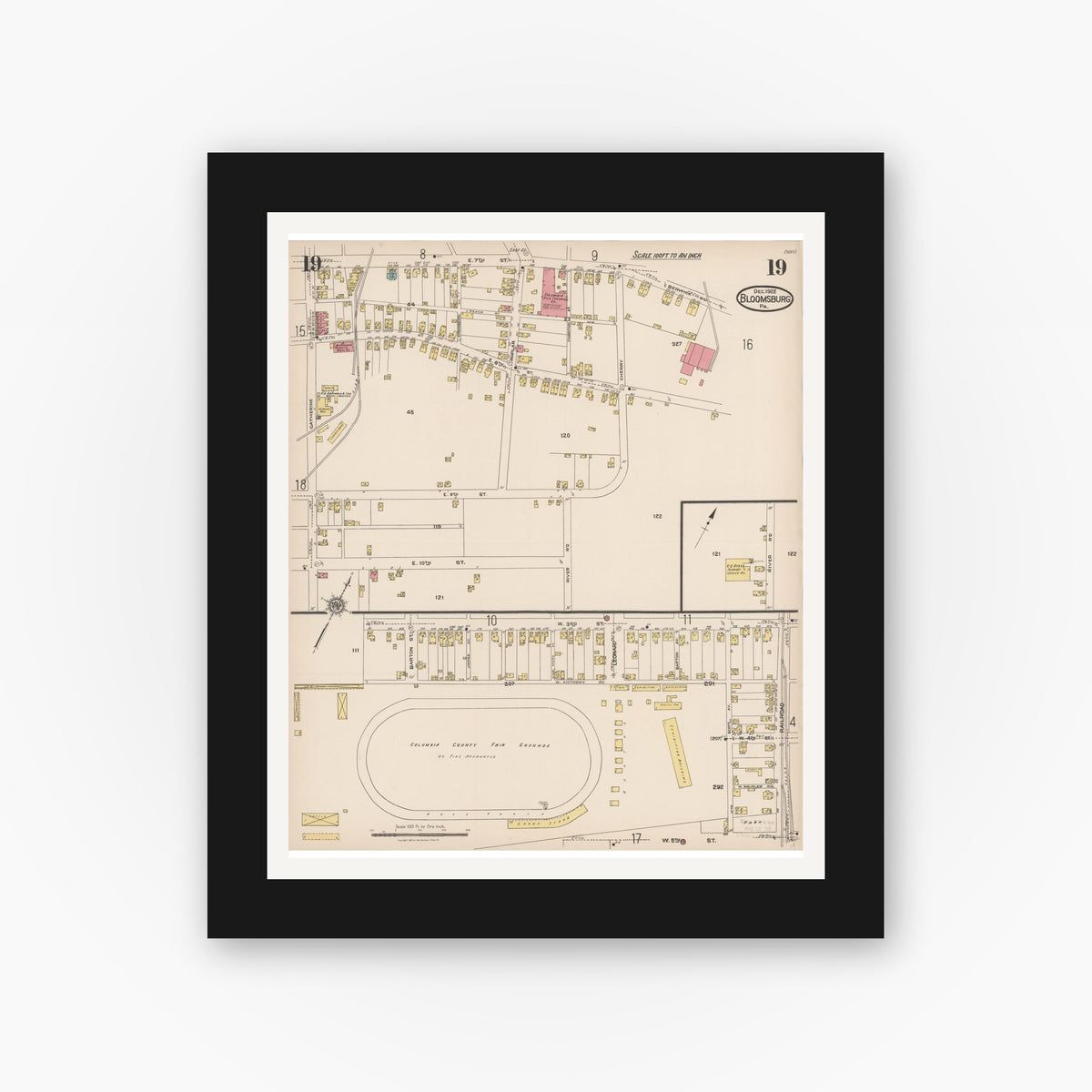 Old map wall art mockup β black gallery frame with white mat β Sanborn Fire Insurance Map from Bloomsburg, Columbia County, Pennsylvania (1922), Sheet #0019