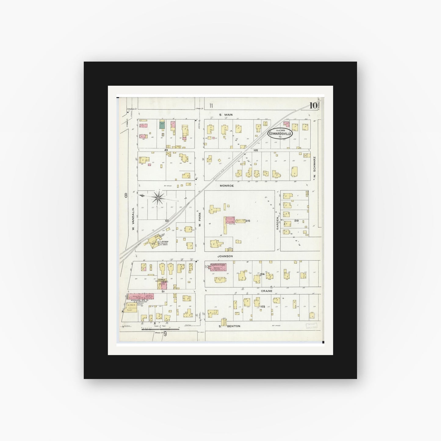 Old map wall art mockup — black gallery frame with white mat — Sanborn Fire Insurance Map from Edwardsville, Madison County, Illinois (1909), Sheet #0010