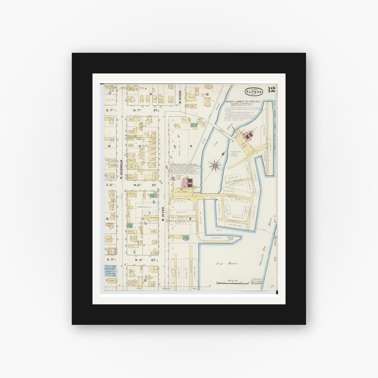 Old map wall art mockup — black gallery frame with white mat — Sanborn Fire Insurance Map from Alpena, Alpena County, Michigan (1890), Sheet #0012