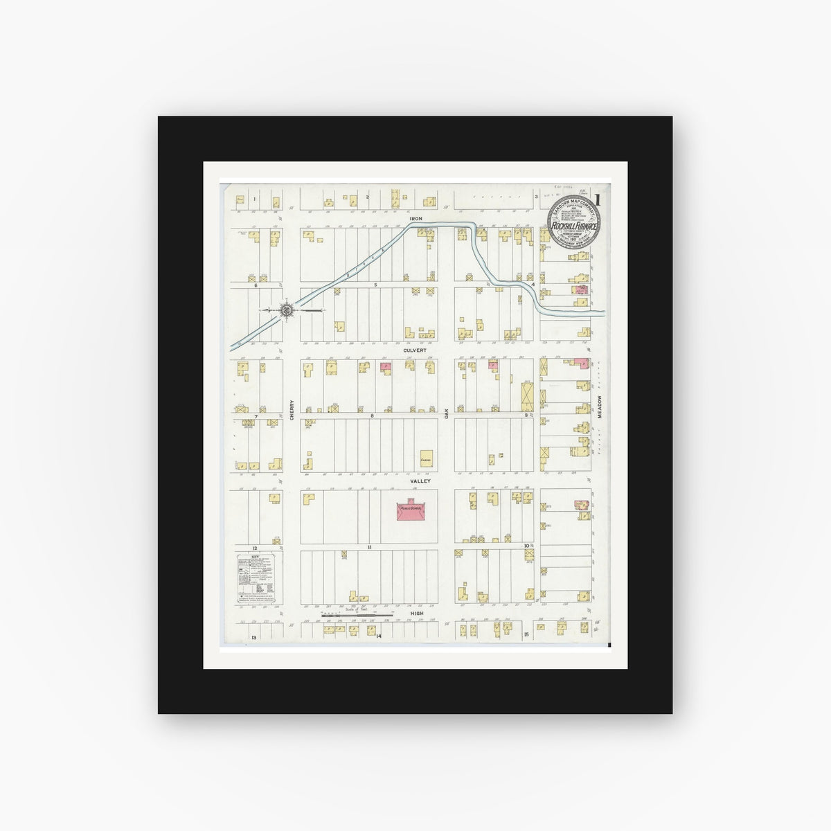Old map wall art mockup — black gallery frame with white mat — Sanborn Fire Insurance Map from Rockhill Furnace, Huntingdon County, Pennsylvania (1911) - Complete Map Set