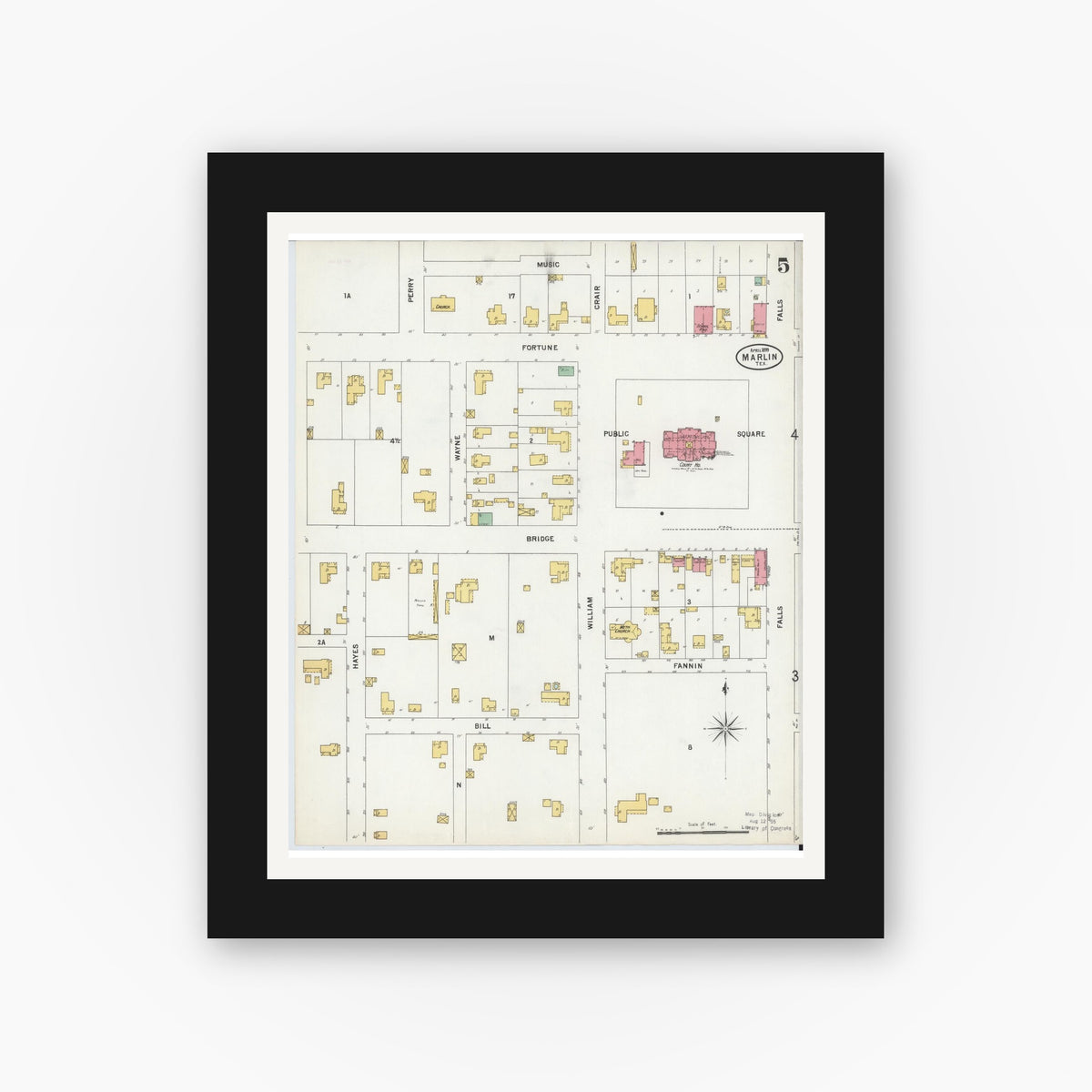 Old map wall art mockup — black gallery frame with white mat — Sanborn Fire Insurance Map from Marlin, Falls County, Texas (1899), Sheet #0005