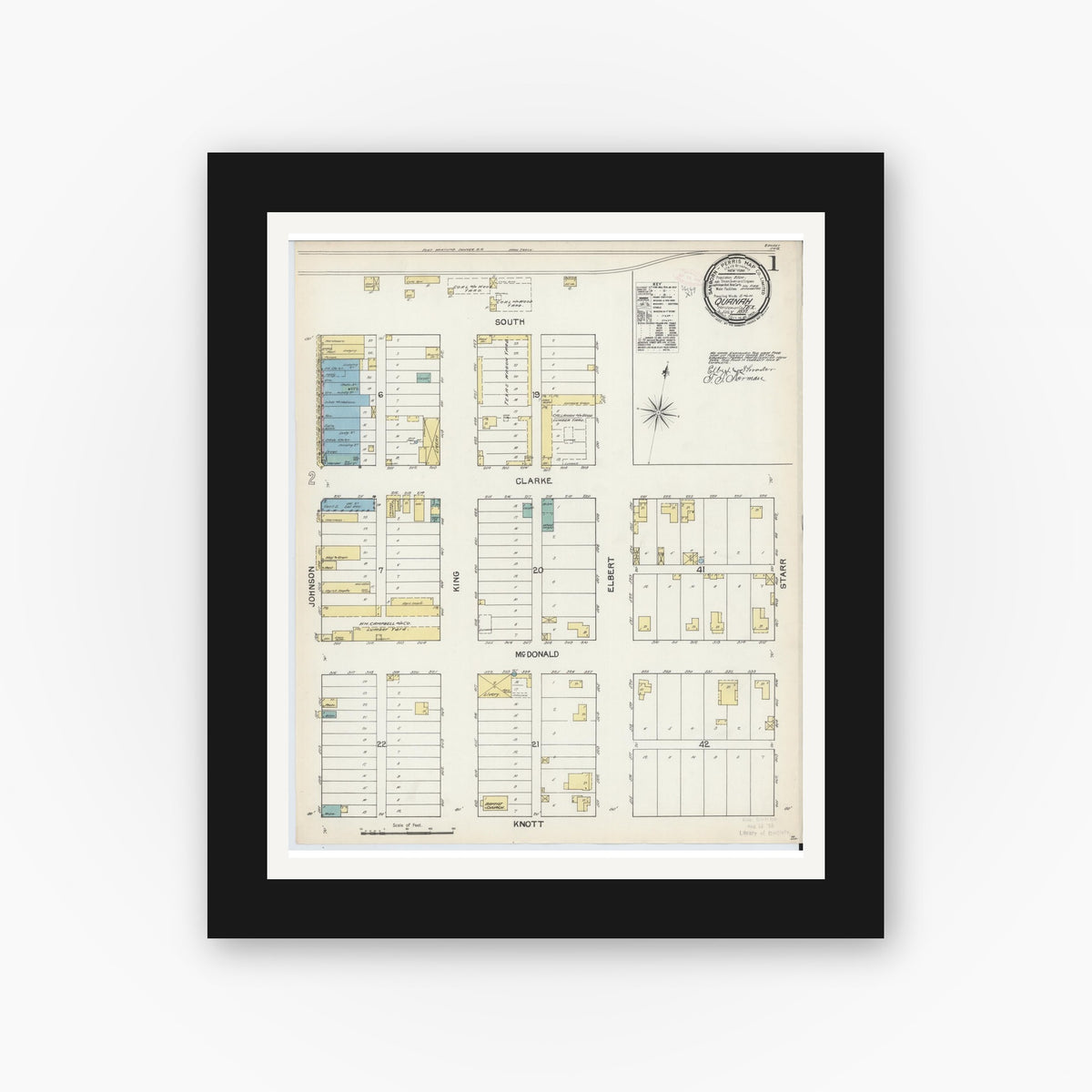 Old map wall art mockup — black gallery frame with white mat — Sanborn Fire Insurance Map from Quanah, Hardeman County, Texas (1892) - Complete Map Set