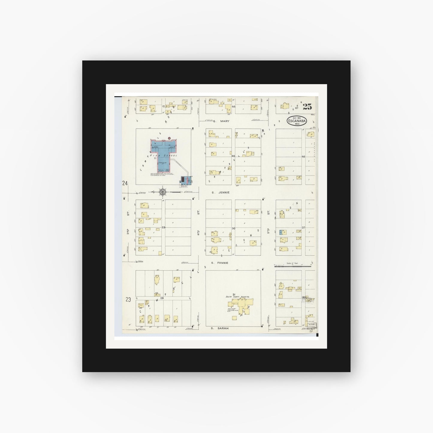 Old map wall art mockup — black gallery frame with white mat — Sanborn Fire Insurance Map from Escanaba, Delta County, Michigan (1913), Sheet #0025