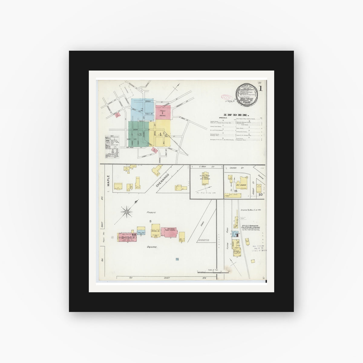 Old map wall art mockup — black gallery frame with white mat — Sanborn Fire Insurance Map from Montrose, Susquehanna County, Pennsylvania (1892) - Complete Map Set