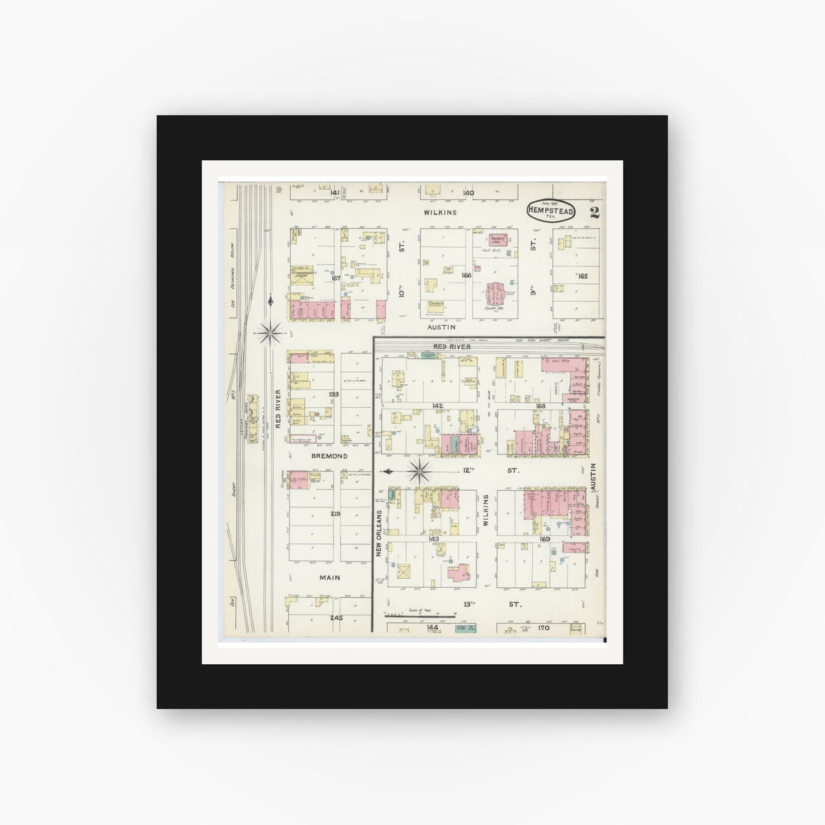 Old map wall art mockup — black gallery frame with white mat — Sanborn Fire Insurance Map from Hempstead, Waller County, Texas (1891), Sheet #0002