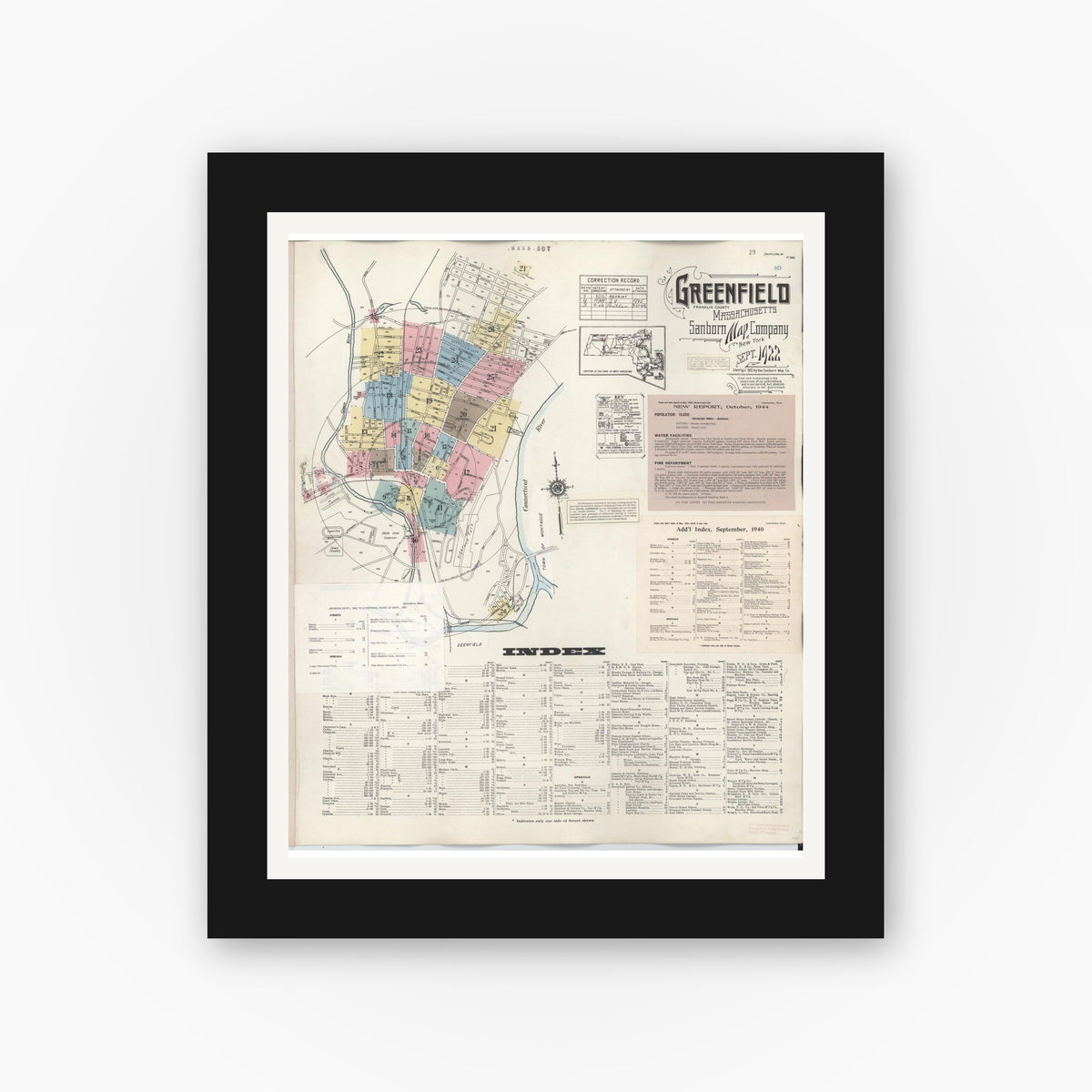 Old map wall art mockup — black gallery frame with white mat — Sanborn Fire Insurance Map from Greenfield, Franklin County, Massachusetts (1948), Sheet #0001
