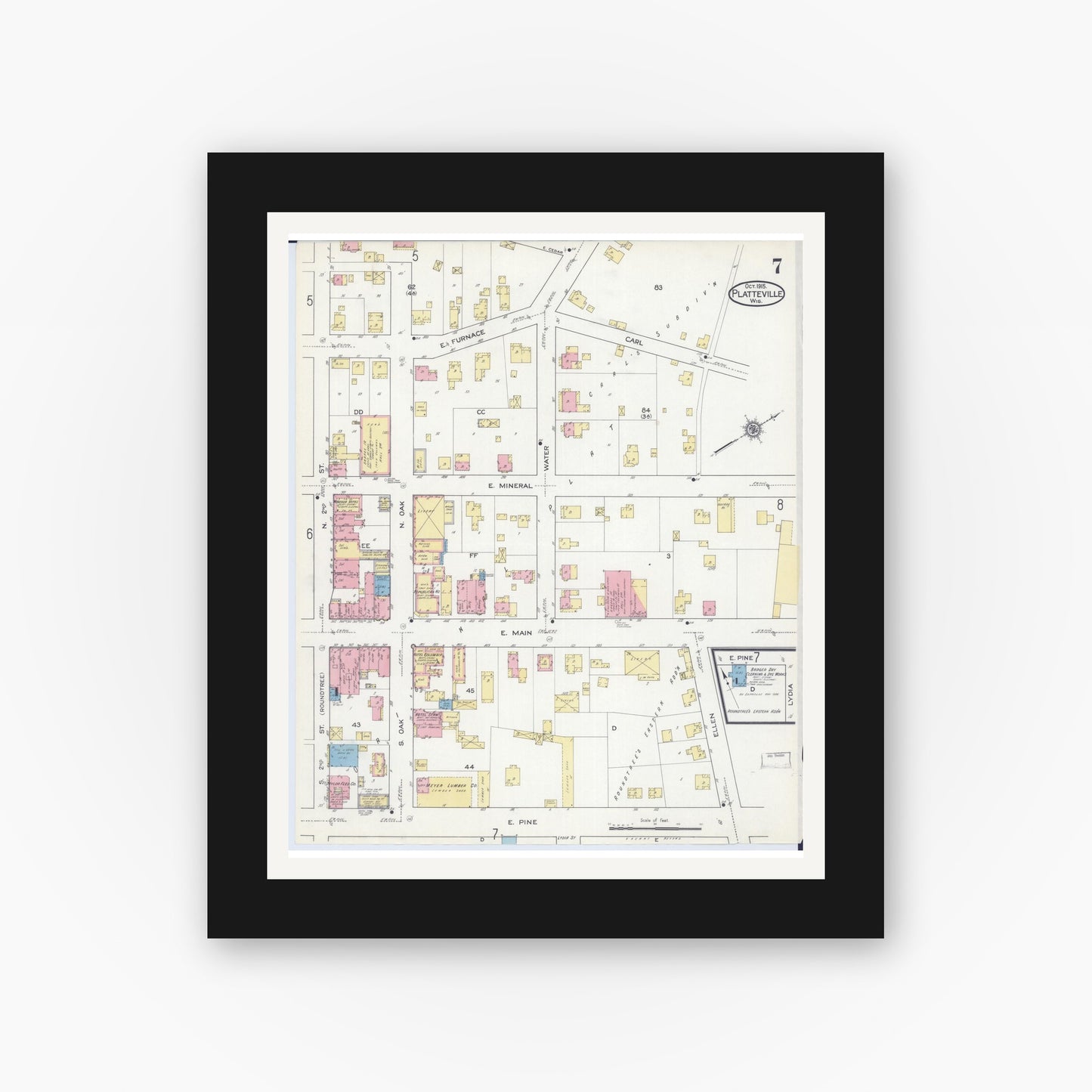Old map wall art mockup — black gallery frame with white mat — Sanborn Fire Insurance Map from Platteville, Grant County, Wisconsin (1915), Sheet #0007
