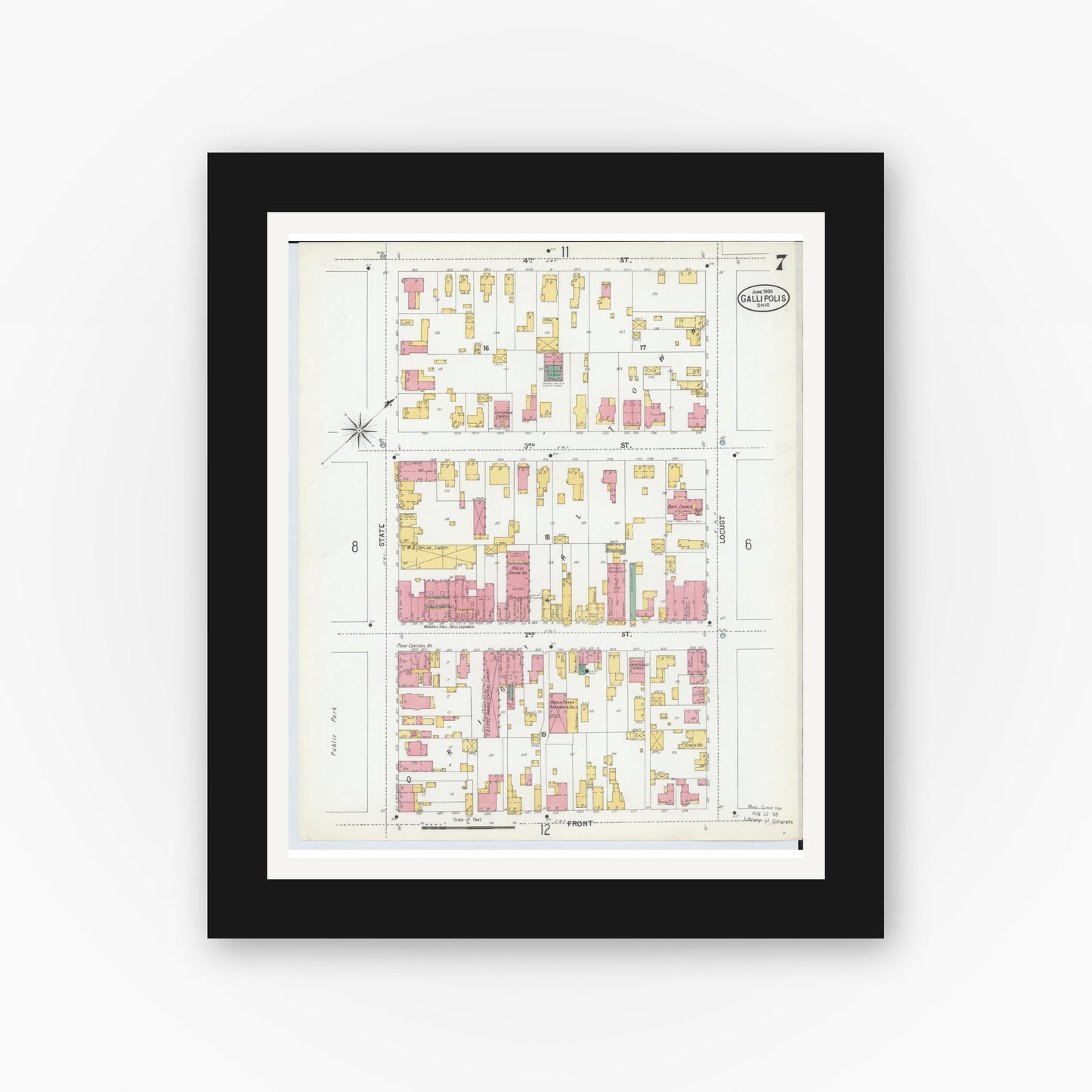 Old map wall art mockup — black gallery frame with white mat — Sanborn Fire Insurance Map from Gallipolis, Gallia County, Ohio (1900), Sheet #0007