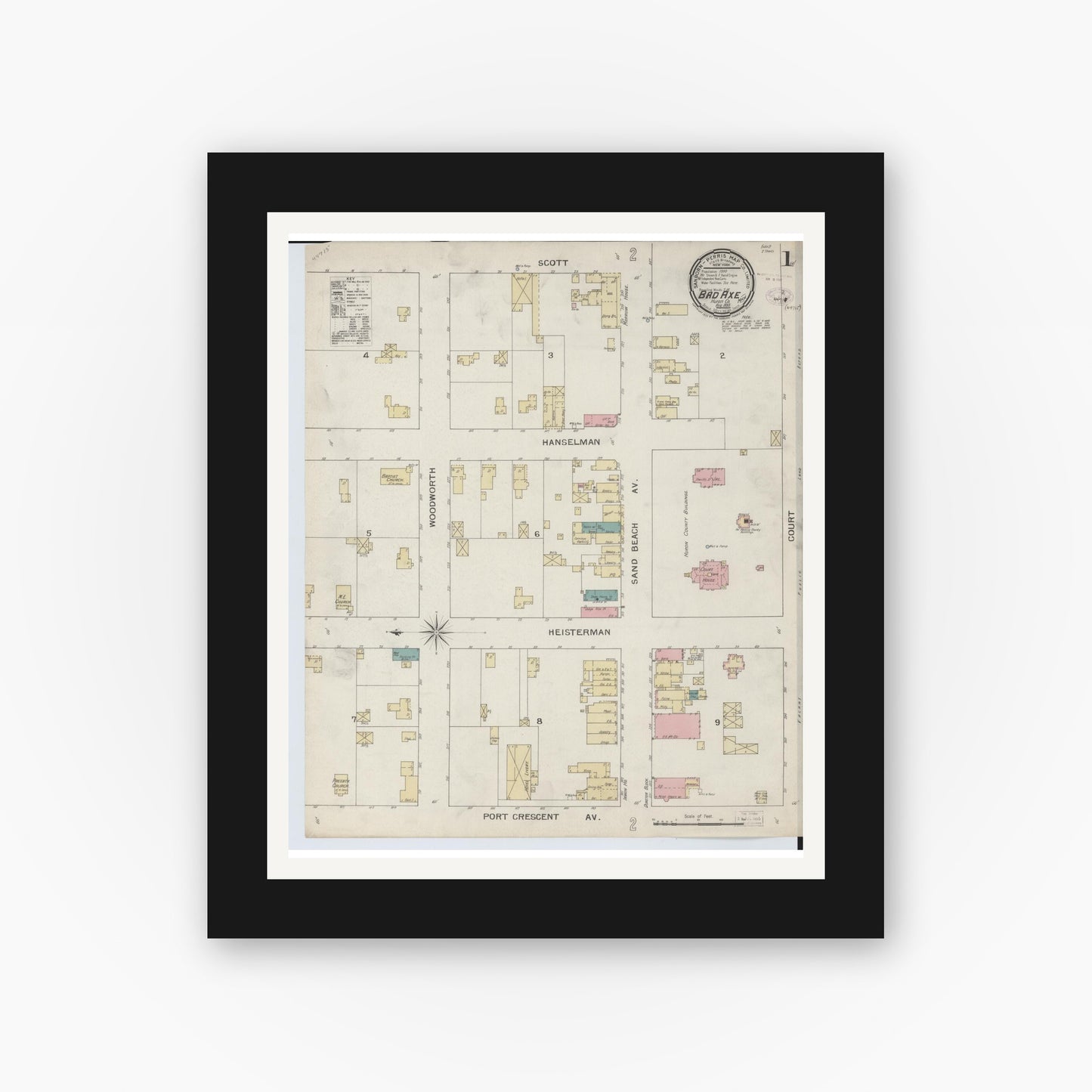 Old map wall art mockup — black gallery frame with white mat — Sanborn Fire Insurance Map from Bad Axe, Huron County, Michigan (1893) - Complete Map Set