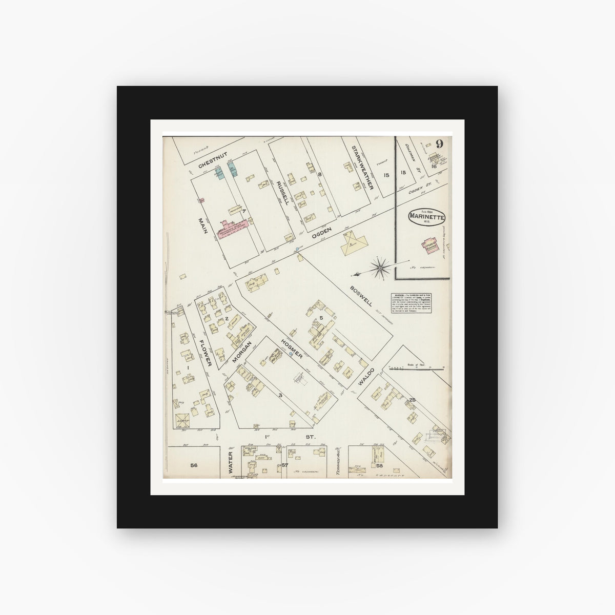 Old map wall art mockup — black gallery frame with white mat — Sanborn Fire Insurance Map from Marinette, Marinette County, Wisconsin (1884), Sheet #0009
