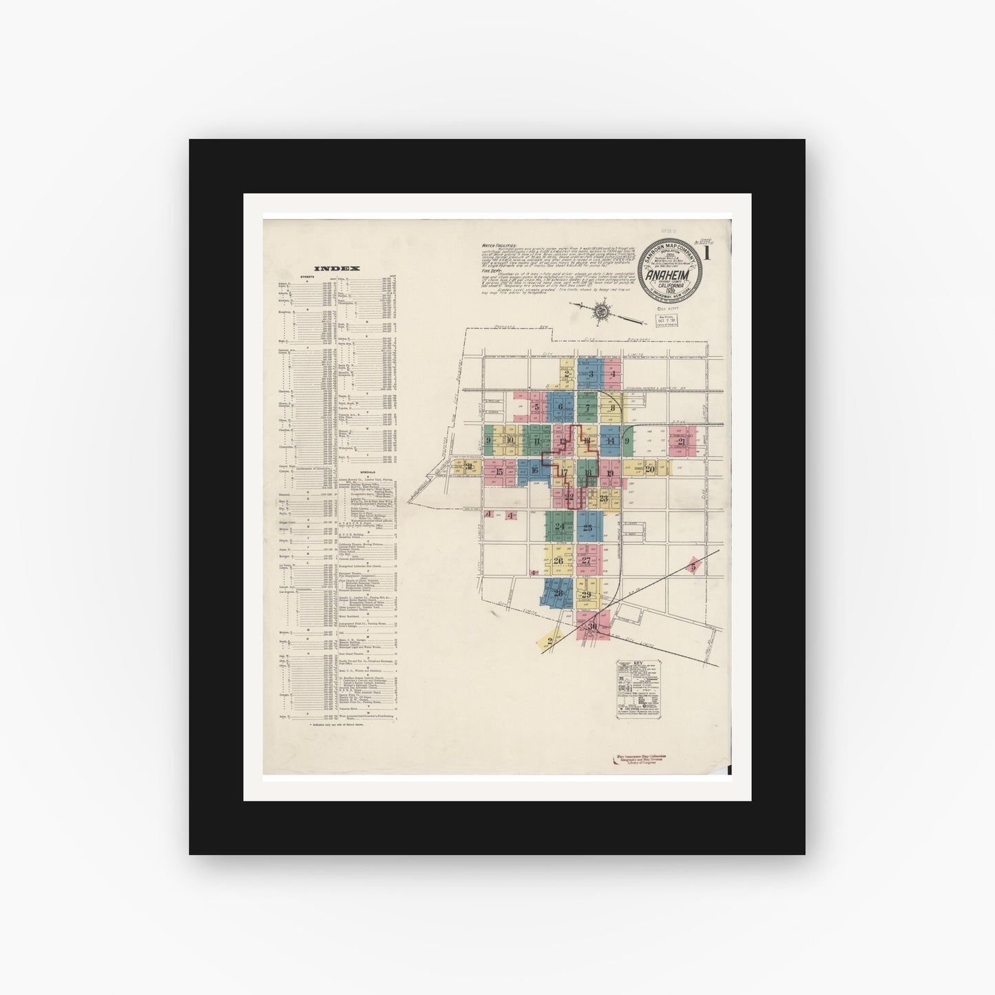 Old map wall art mockup — black gallery frame with white mat — Sanborn Fire Insurance Map from Anaheim, Orange County, California (1922), Sheet #0001