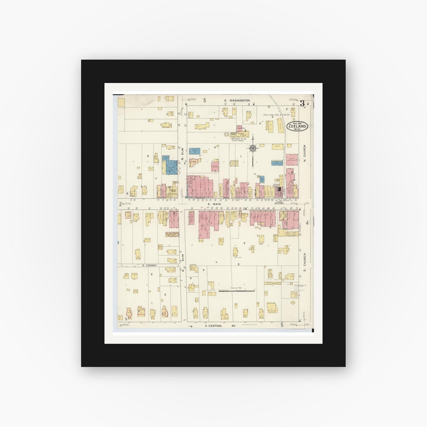 Old map wall art mockup — black gallery frame with white mat — Sanborn Fire Insurance Map from Zeeland, Ottawa County, Michigan (1916), Sheet #0003