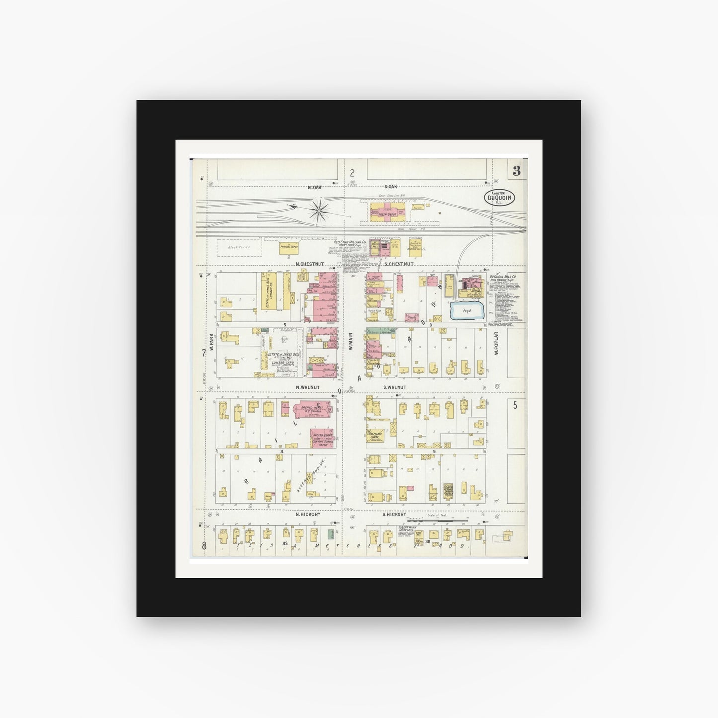 Old map wall art mockup — black gallery frame with white mat — Sanborn Fire Insurance Map from Du Quoin, Perry County, Illinois (1900), Sheet #0003