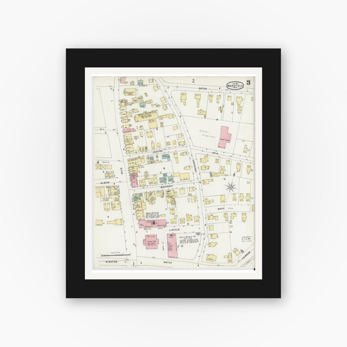 Old map wall art mockup — black gallery frame with white mat — Sanborn Fire Insurance Map from Wakefield, Middlesex County, Massachusetts (1897), Sheet #0003
