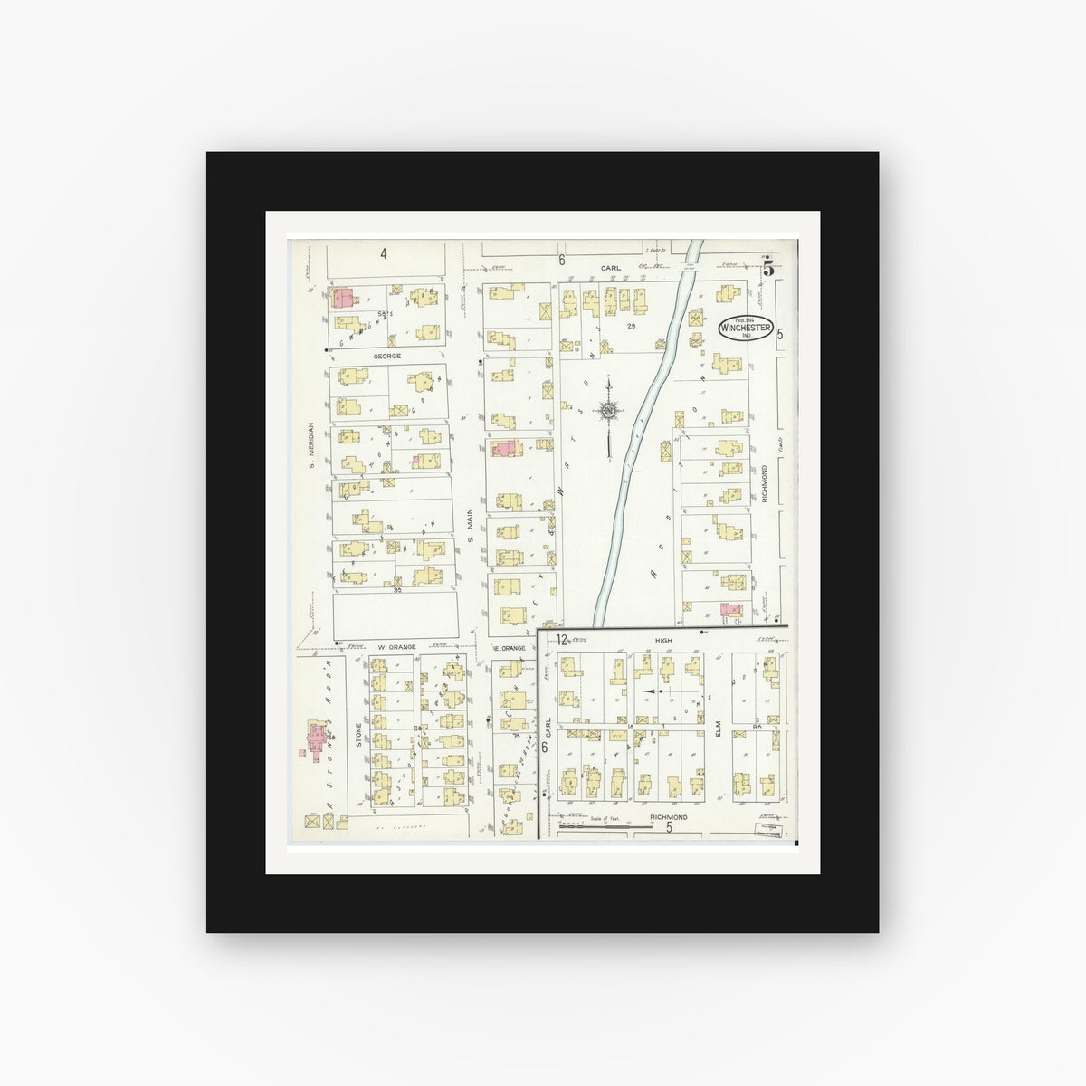 Old map wall art mockup — black gallery frame with white mat — Sanborn Fire Insurance Map from Winchester, Randolph County, Indiana (1914), Sheet #0005