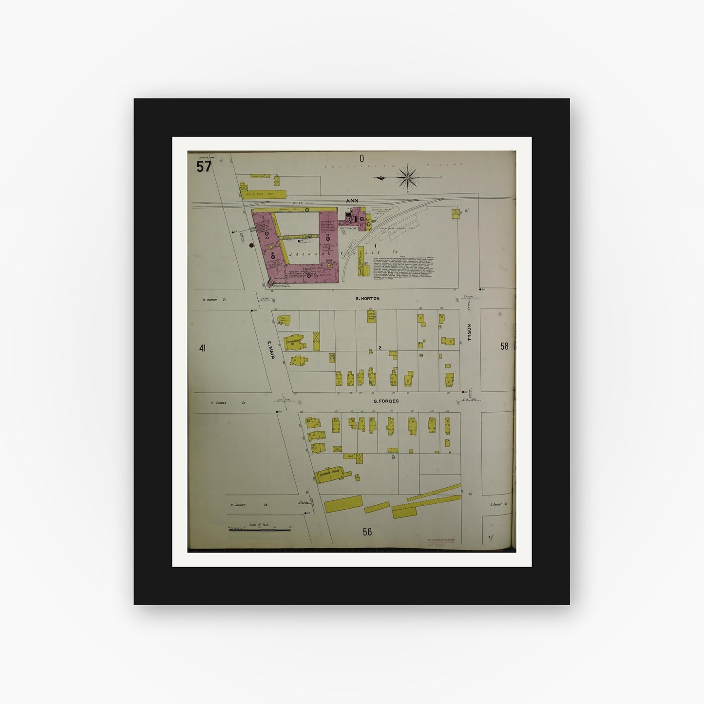 Old map wall art mockup — black gallery frame with white mat — Sanborn Fire Insurance Map from Jackson, Jackson County, Michigan (1907), Sheet #0057