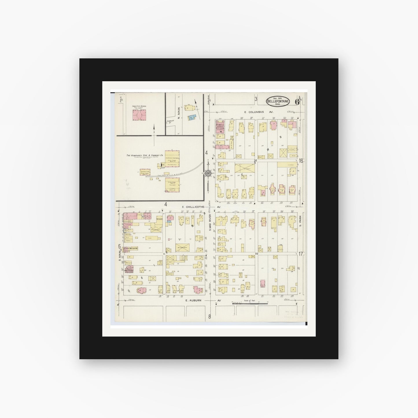 Old map wall art mockup — black gallery frame with white mat — Sanborn Fire Insurance Map from Bellefontaine, Logan County, Ohio (1914), Sheet #0006