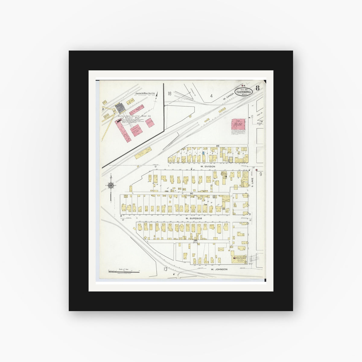 Old map wall art mockup — black gallery frame with white mat — Sanborn Fire Insurance Map from Ishpeming, Marquette County, Michigan (1917), Sheet #0008