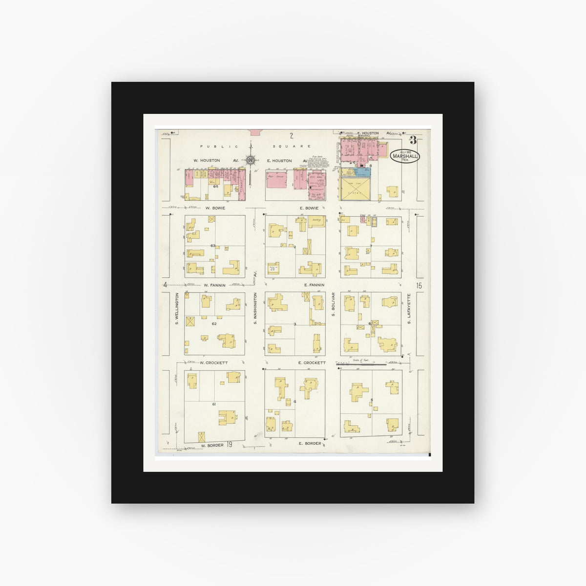 Old map wall art mockup — black gallery frame with white mat — Sanborn Fire Insurance Map from Marshall, Harrison County, Texas (1915), Sheet #0003