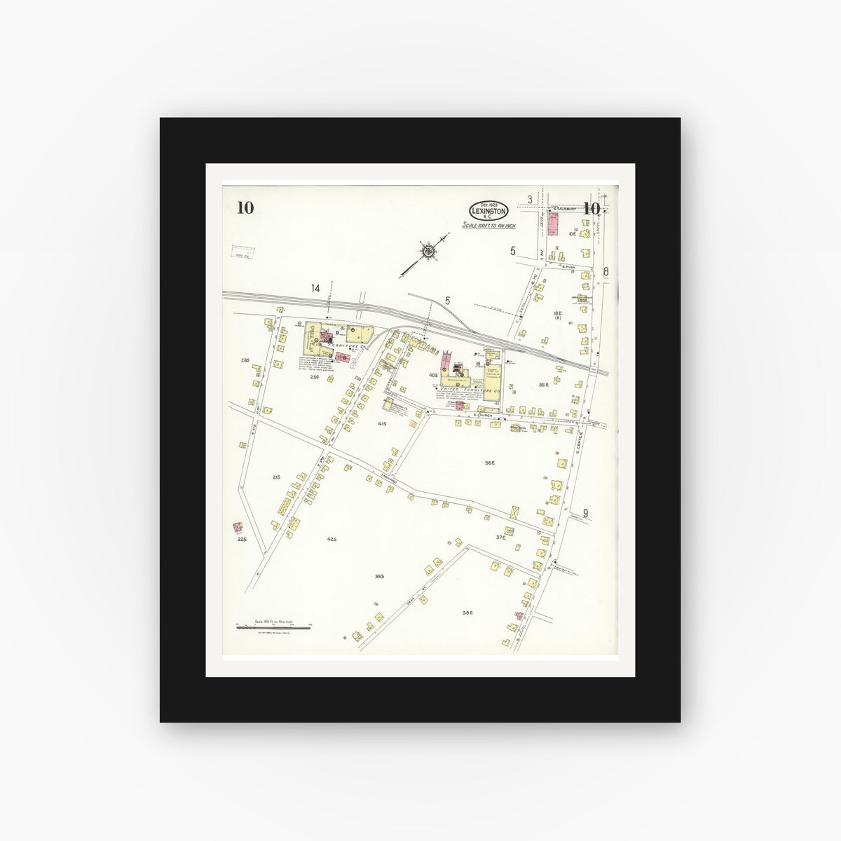 Old map wall art mockup — black gallery frame with white mat — Sanborn Fire Insurance Map from Lexington, Davidson County, North Carolina (1923), Sheet #0010