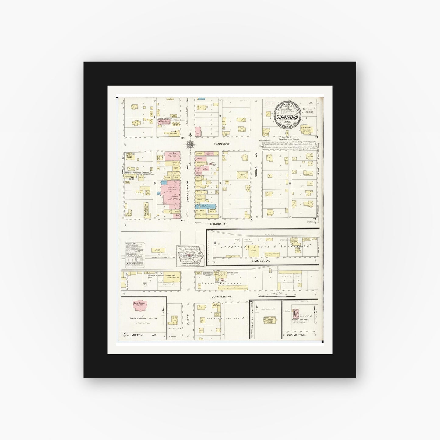 Old map wall art mockup β black gallery frame with white mat β Sanborn Fire Insurance Map from Stratford, Hamilton County, Iowa (1915), Sheet #0001