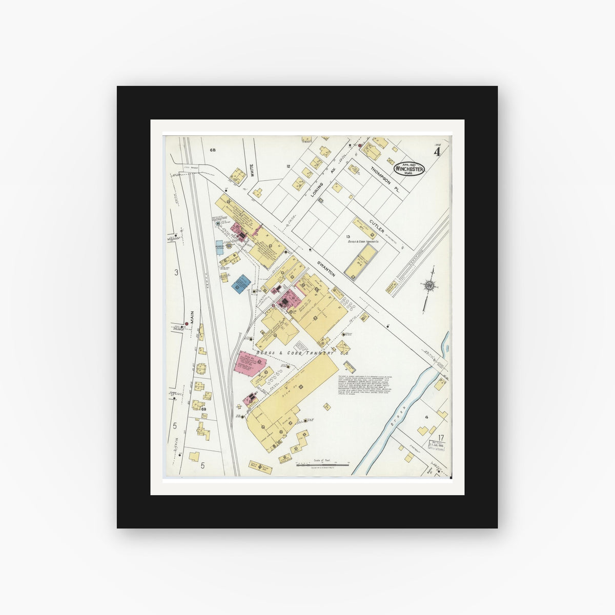 Old map wall art mockup — black gallery frame with white mat — Sanborn Fire Insurance Map from Winchester, Middlesex County, Massachusetts (1921), Sheet #0004