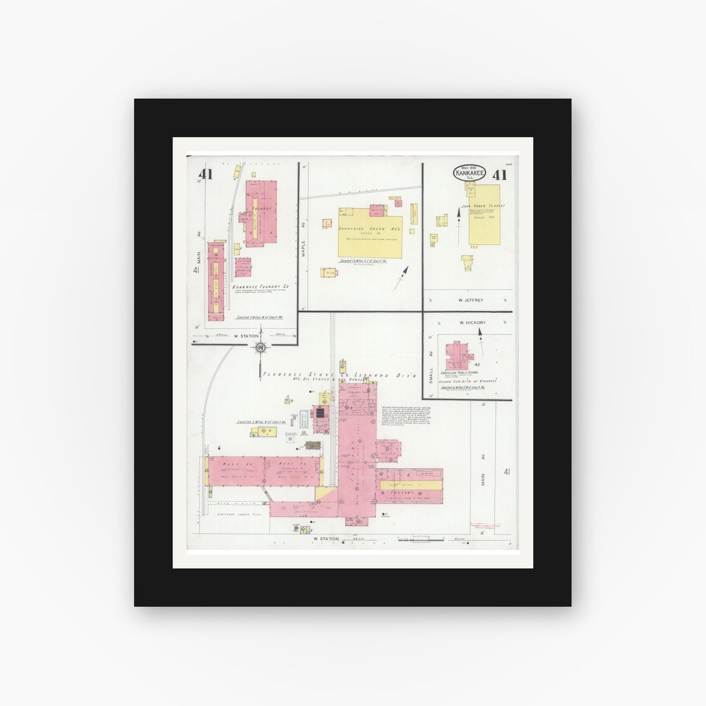 Old map wall art mockup — black gallery frame with white mat — Sanborn Fire Insurance Map from Kankakee, Kankakee County, Illinois (1930), Sheet #0041