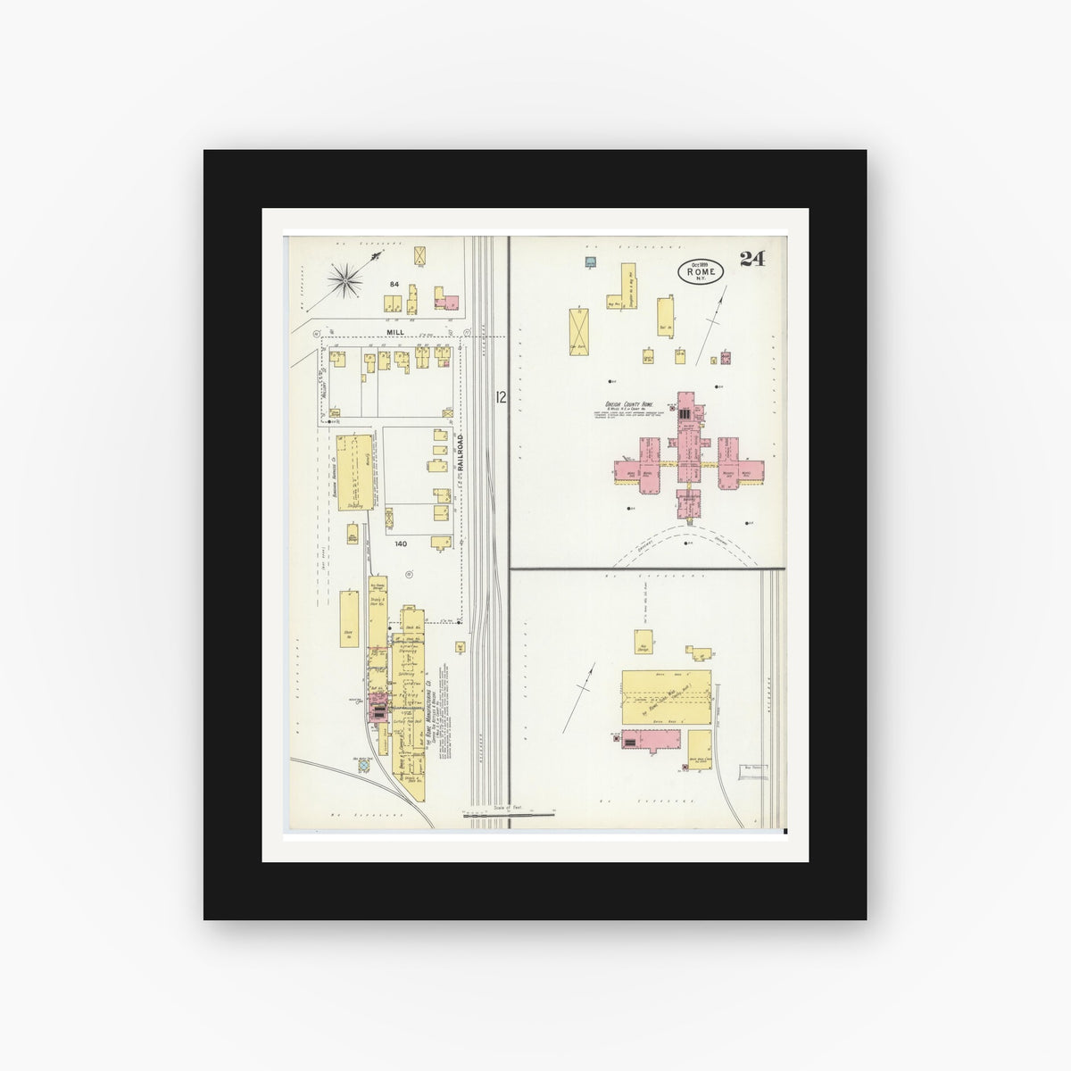 Old map wall art mockup — black gallery frame with white mat — Sanborn Fire Insurance Map from Rome, Oneida County, New York (1899), Sheet #0024