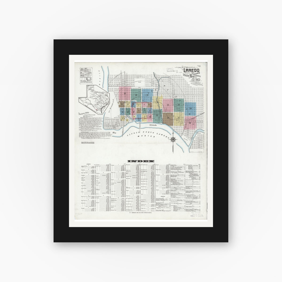 Old map wall art mockup — black gallery frame with white mat — Sanborn Fire Insurance Map from Laredo, Webb County, Texas (1925) - Complete Map Set