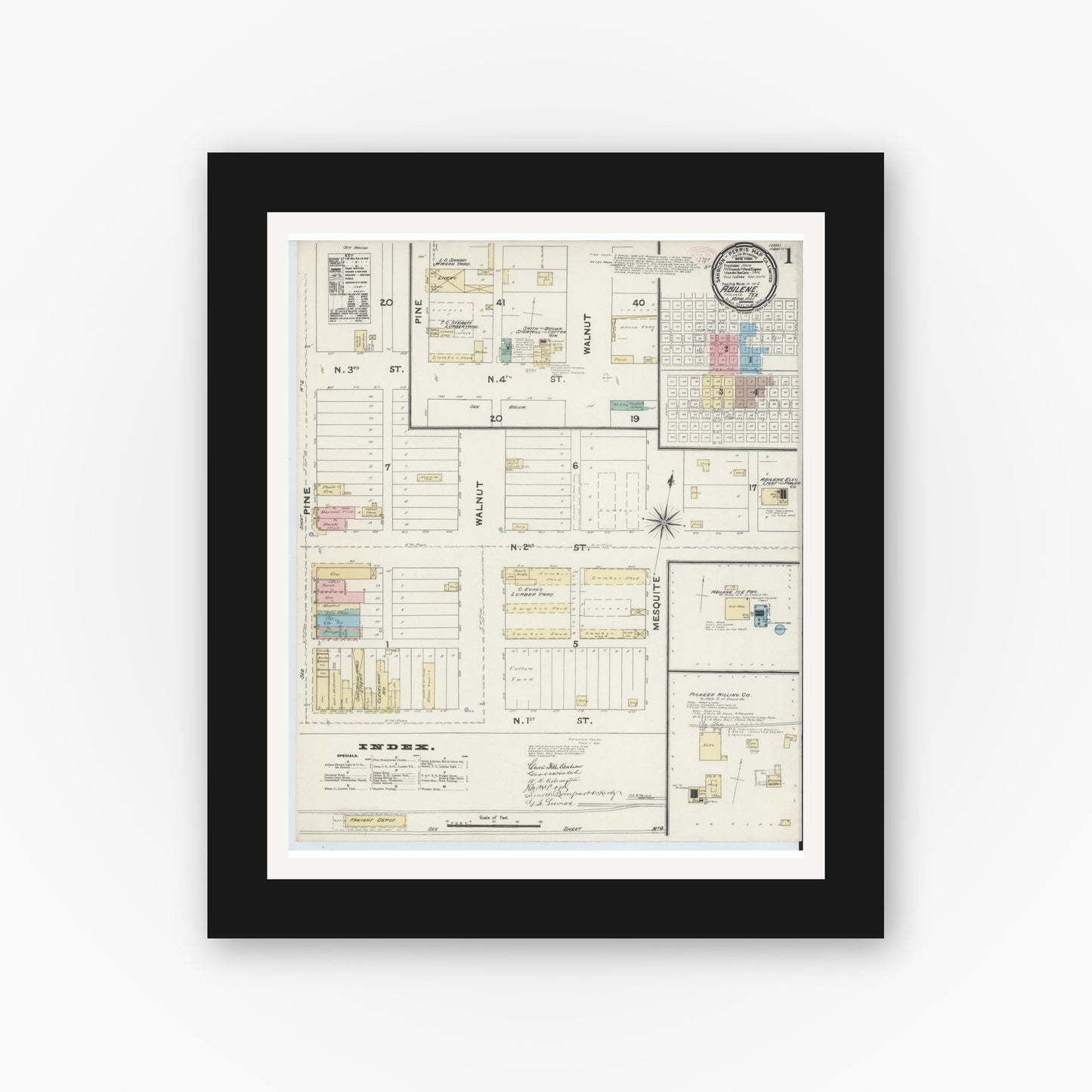 Old map wall art mockup — black gallery frame with white mat — Sanborn Fire Insurance Map from Abilene, Taylor County, Texas (1891), Sheet #0001