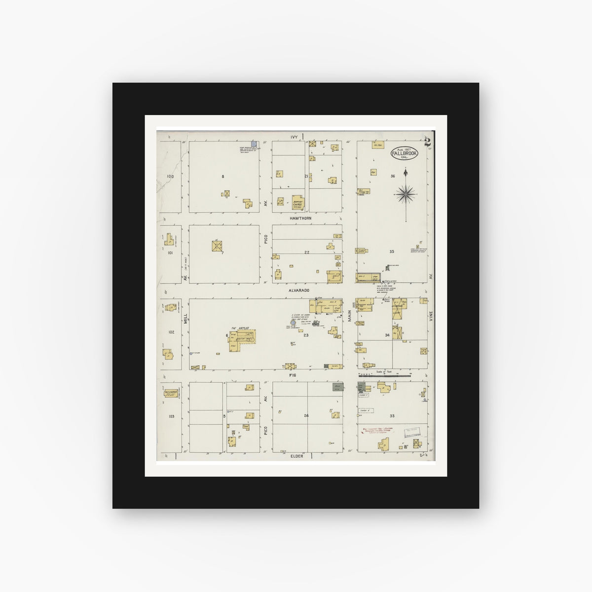 Old map wall art mockup — black gallery frame with white mat — Sanborn Fire Insurance Map from Fallbrook, San Diego County, California (1907), Sheet #0002