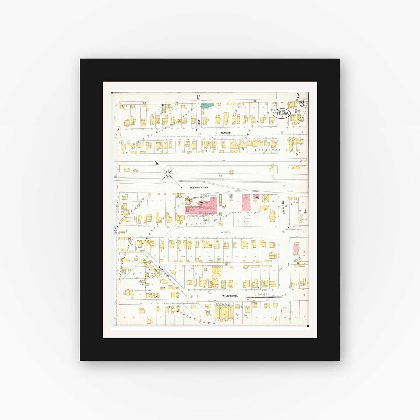 Old map wall art mockup — black gallery frame with white mat — Sanborn Fire Insurance Map from Ottumwa, Wapello County, Iowa (1902), Sheet #0003