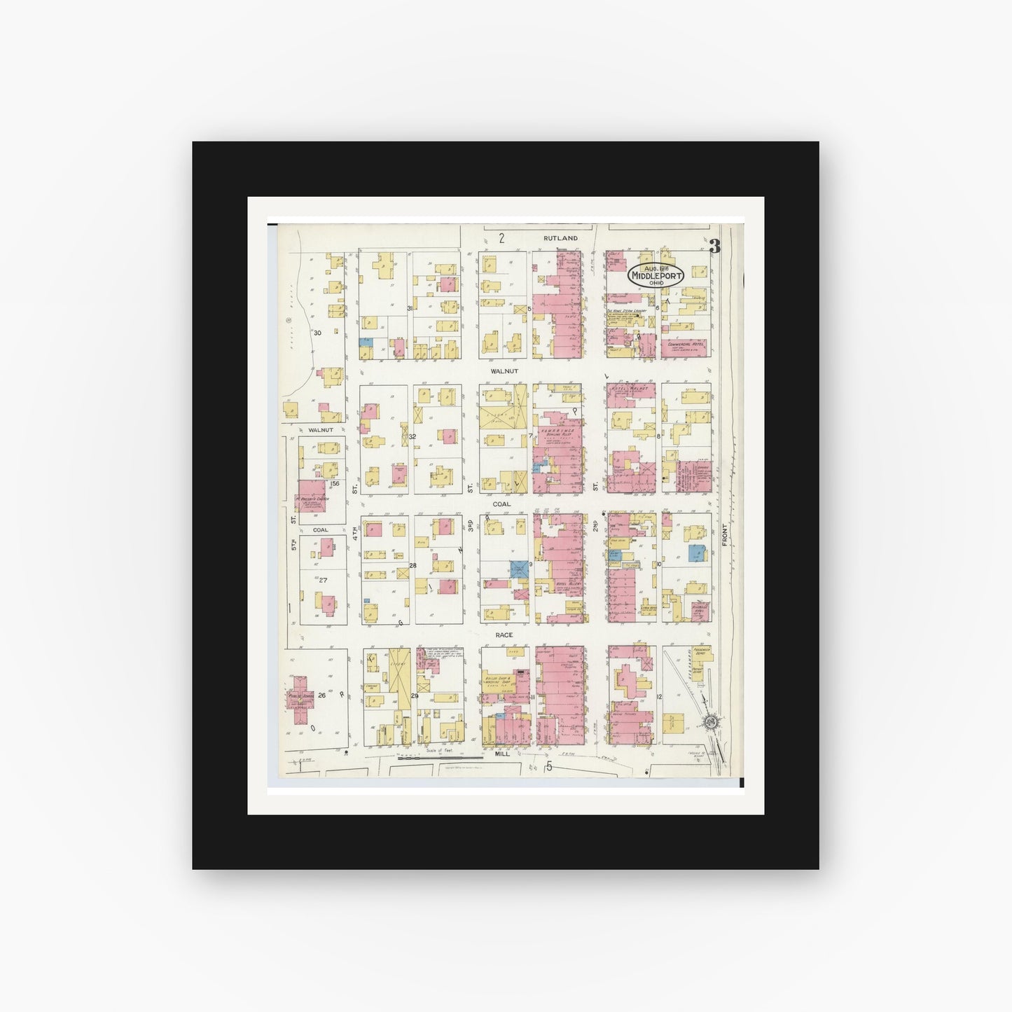 Old map wall art mockup — black gallery frame with white mat — Sanborn Fire Insurance Map from Middleport, Meigs County, Ohio (1916), Sheet #0003