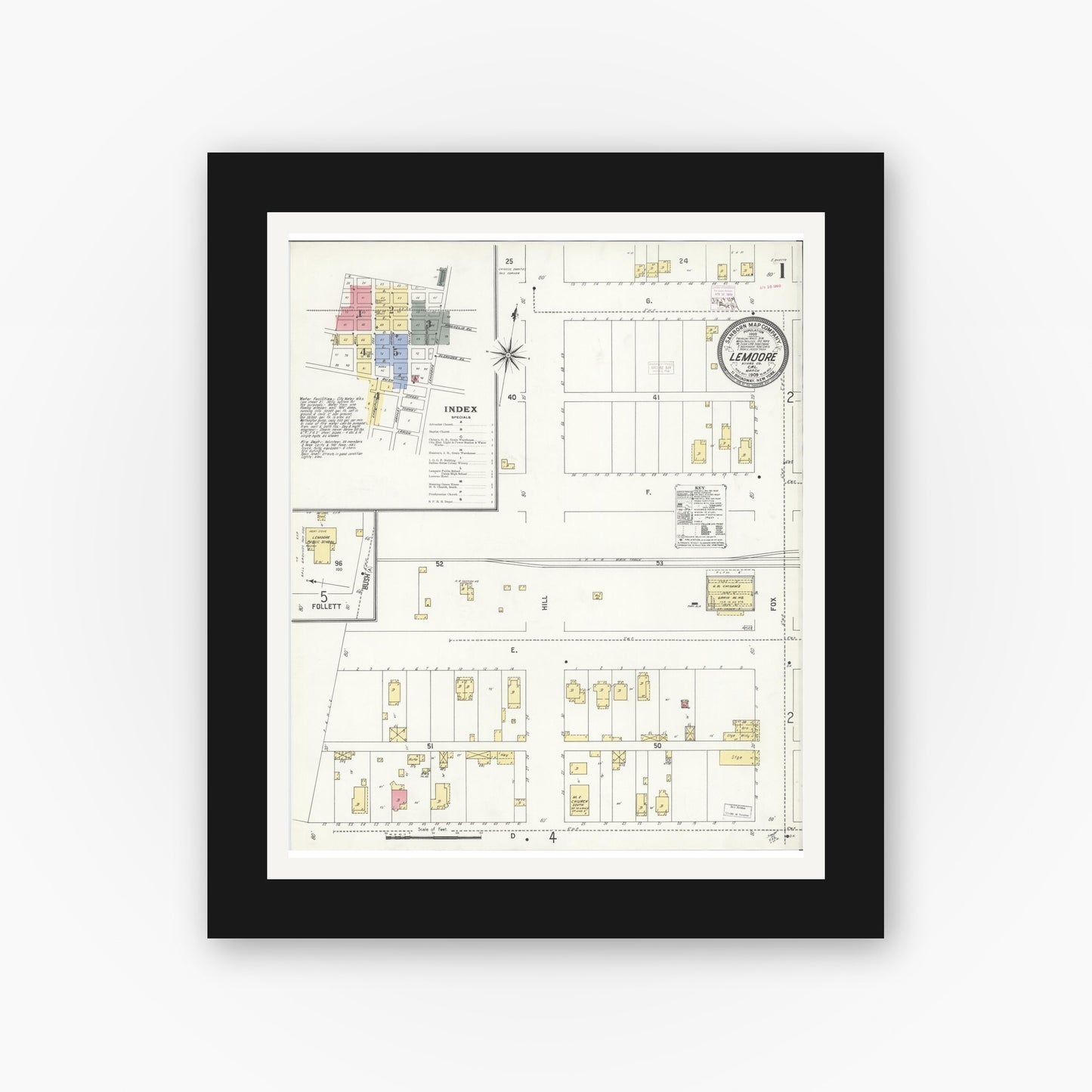 Old map wall art mockup — black gallery frame with white mat — Sanborn Fire Insurance Map from Lemoore, Kings County, California (1909) - Complete Map Set