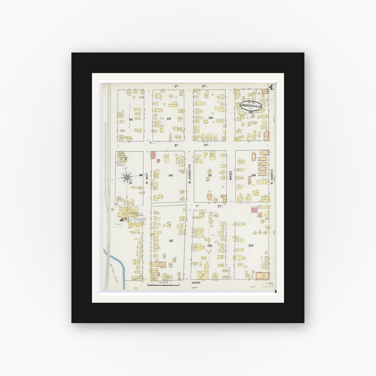 Old map wall art mockup — black gallery frame with white mat — Sanborn Fire Insurance Map from Jacksonville, Duval County, Florida (1891), Sheet #0004