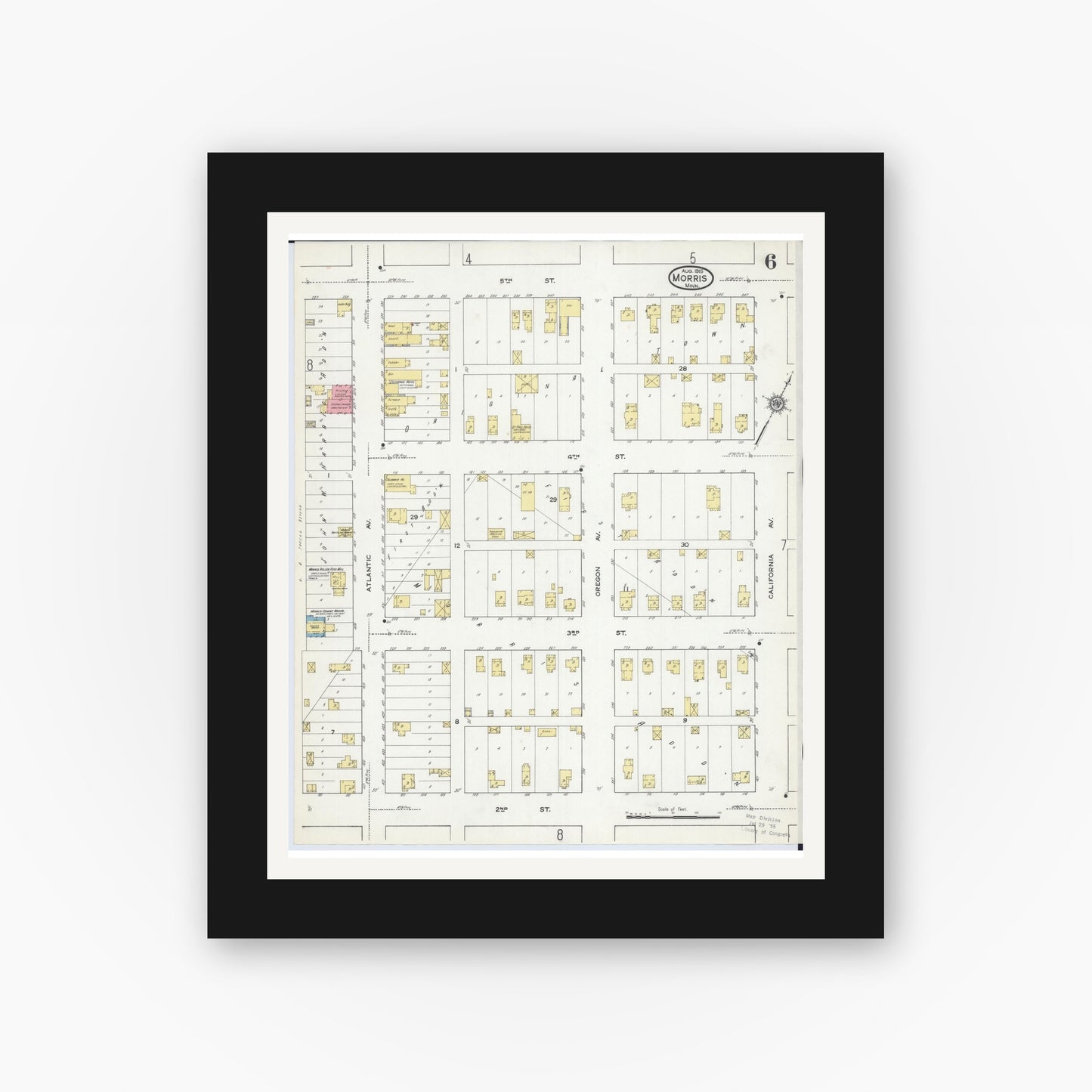 Old map wall art mockup — black gallery frame with white mat — Sanborn Fire Insurance Map from Morris, Stevens County, Minnesota (1915), Sheet #0006
