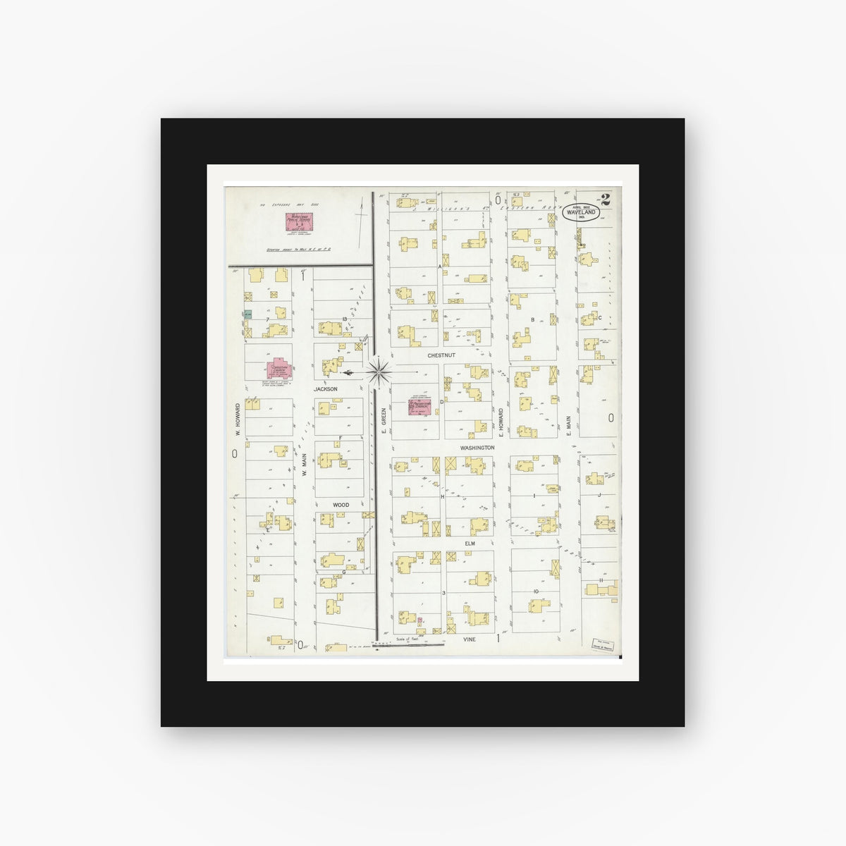 Old map wall art mockup — black gallery frame with white mat — Sanborn Fire Insurance Map from Waveland, Montgomery County, Indiana (1902), Sheet #0002