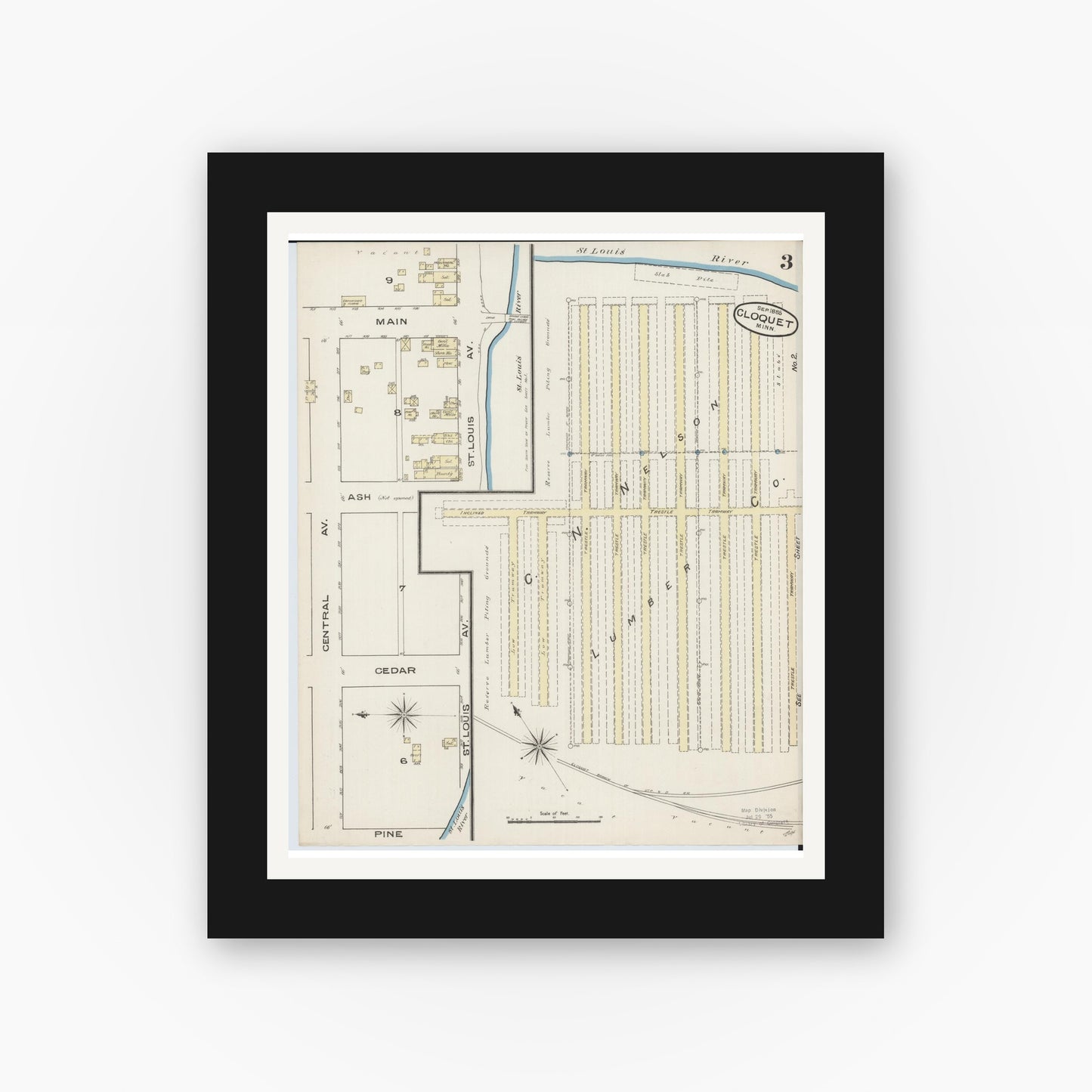 Old map wall art mockup — black gallery frame with white mat — Sanborn Fire Insurance Map from Cloquet, Carlton County, Minnesota (1885), Sheet #0003