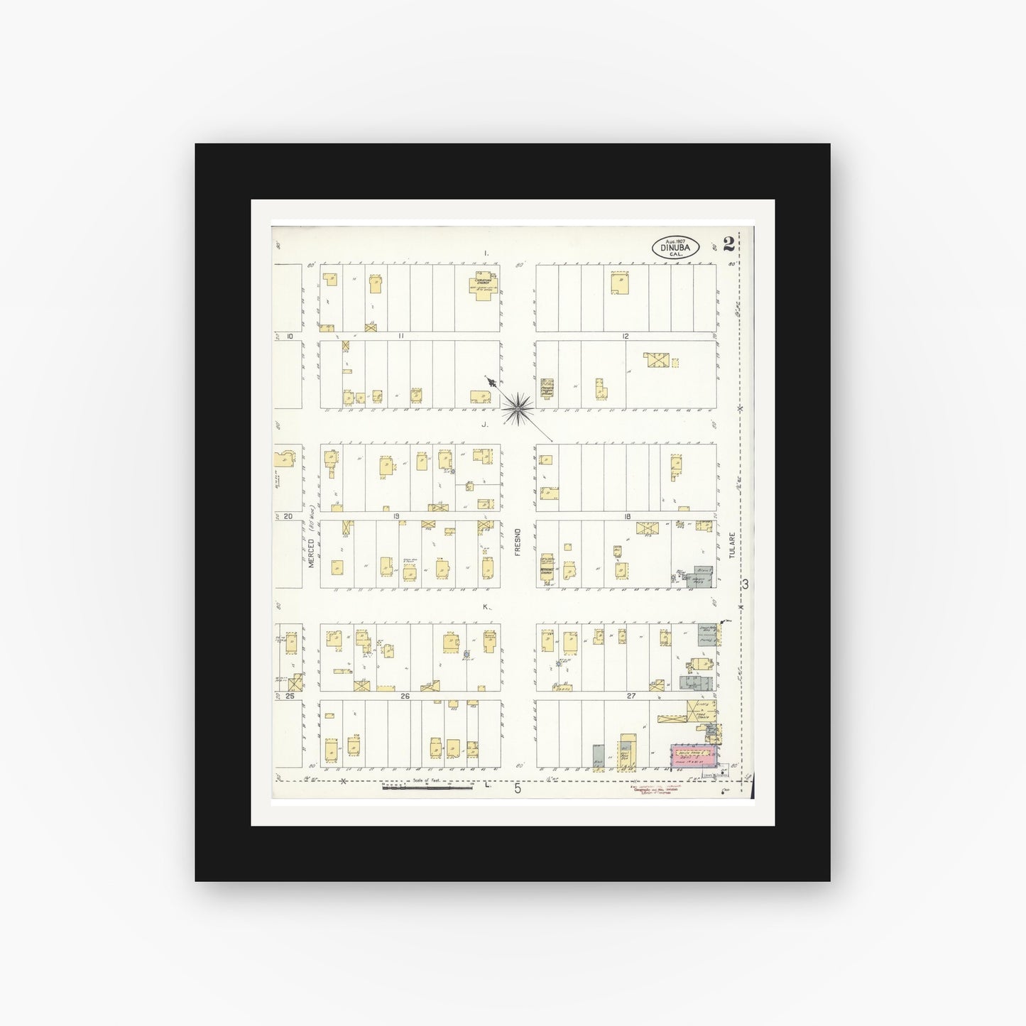 Old map wall art mockup — black gallery frame with white mat — Sanborn Fire Insurance Map from Dinuba, Tulare County, California (1907), Sheet #0002
