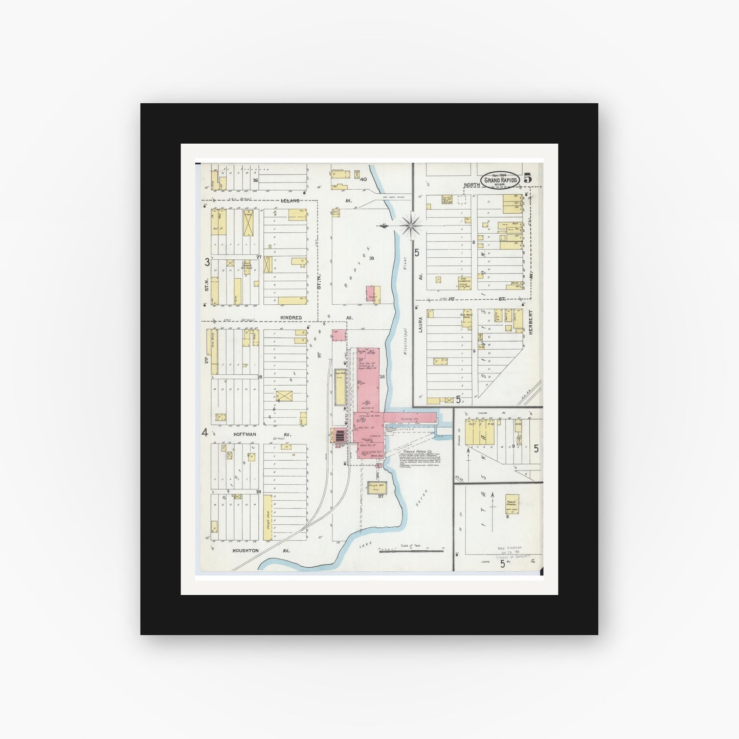 Old map wall art mockup — black gallery frame with white mat — Sanborn Fire Insurance Map from Grand Rapids, Itasca County, Minnesota (1904), Sheet #0005