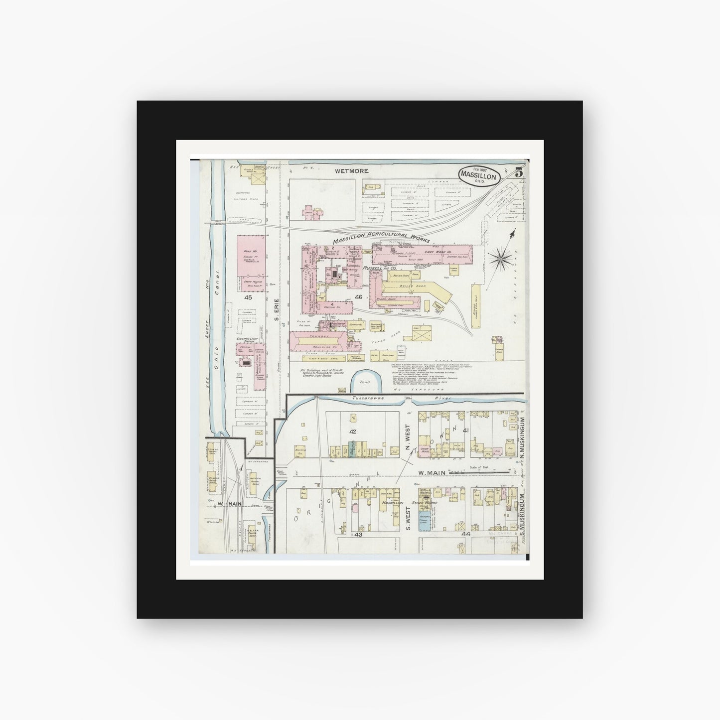 Old map wall art mockup — black gallery frame with white mat — Sanborn Fire Insurance Map from Massillon, Stark County, Ohio (1887), Sheet #0005