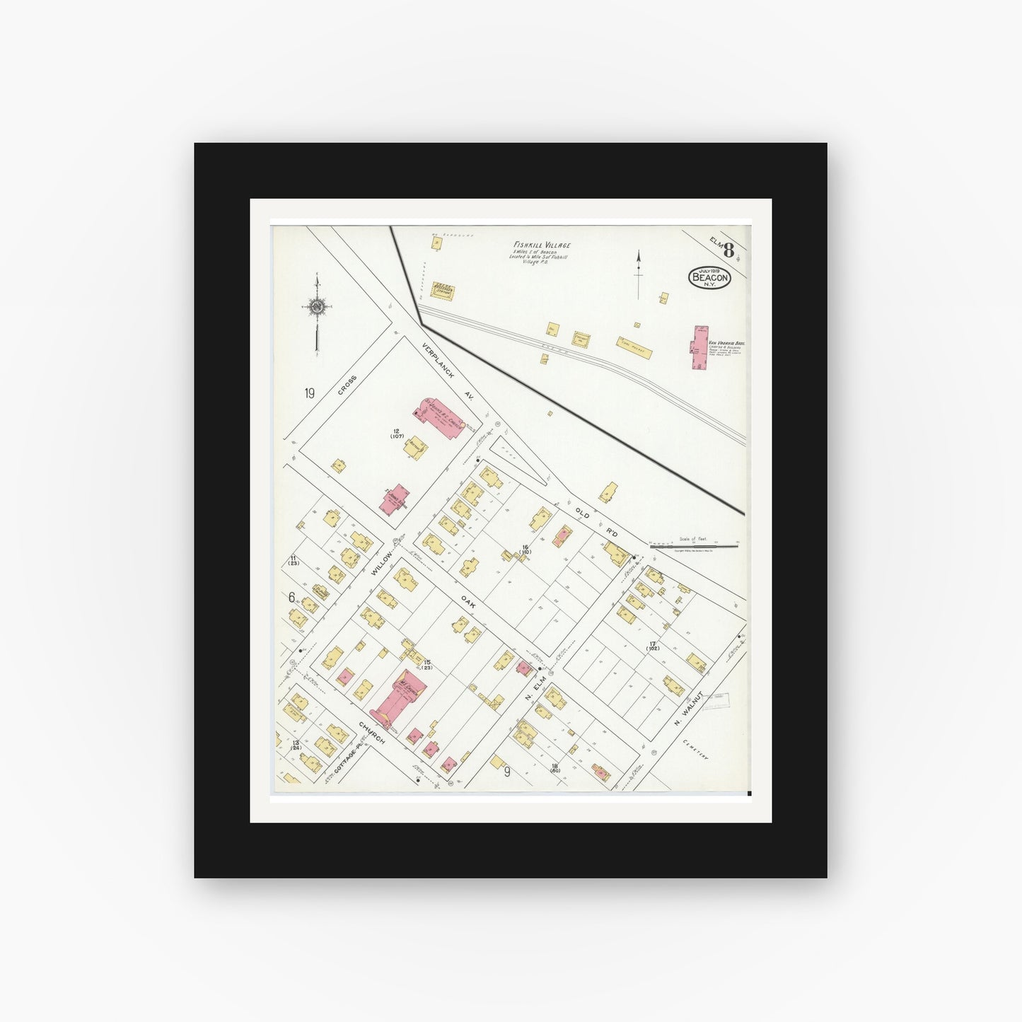 Old map wall art mockup — black gallery frame with white mat — Sanborn Fire Insurance Map from Beacon, Dutchess County, New York (1919), Sheet #0008
