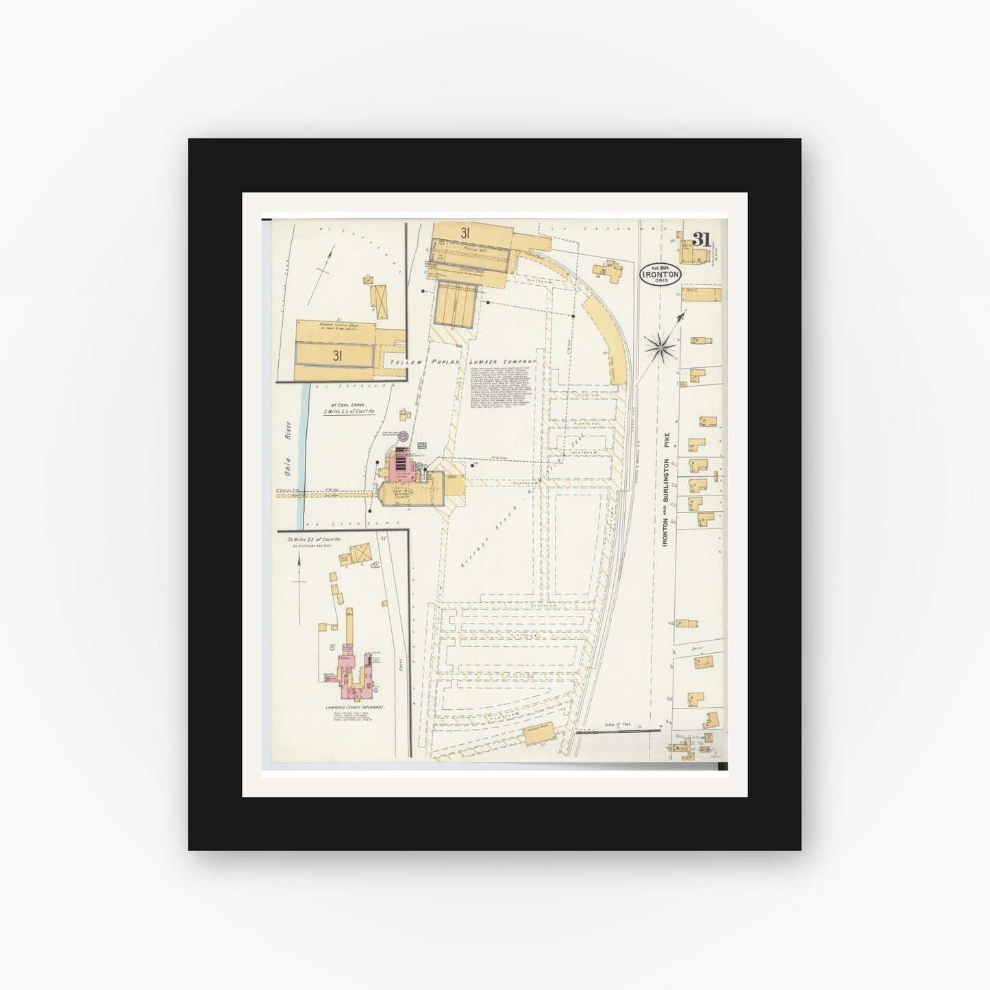 Old map wall art mockup — black gallery frame with white mat — Sanborn Fire Insurance Map from Ironton, Lawrence County, Ohio (1904), Sheet #0031
