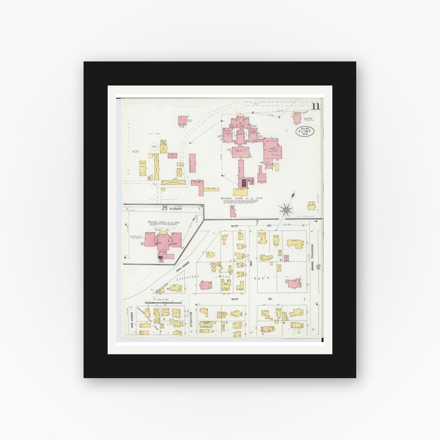 Old map wall art mockup — black gallery frame with white mat — Sanborn Fire Insurance Map from Flint, Genesee County, Michigan (1902), Sheet #0011