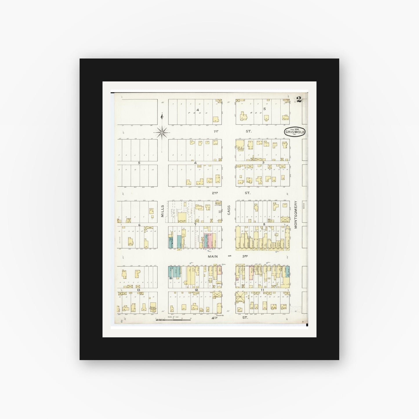 Old map wall art mockup — black gallery frame with white mat — Sanborn Fire Insurance Map from Griswold, Cass County, Iowa (1894), Sheet #0002