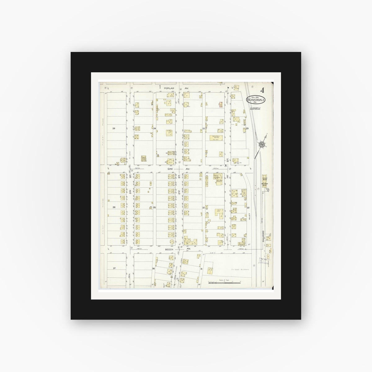 Old map wall art mockup β black gallery frame with white mat β Sanborn Fire Insurance Map from Beaverdale, Cambria County, Pennsylvania (1914), Sheet #0004
